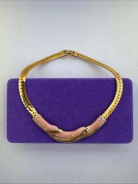 💛 Vintage Napier Gold Plated Pink Enamel Statement Collar Necklace | Bold Luxe